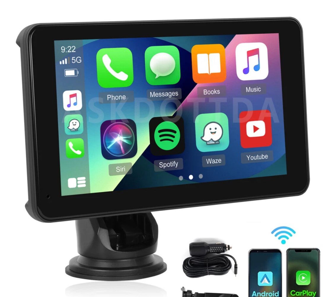 Universal portable 7-inch wireless CarPlay screen with dashboard suction mount
