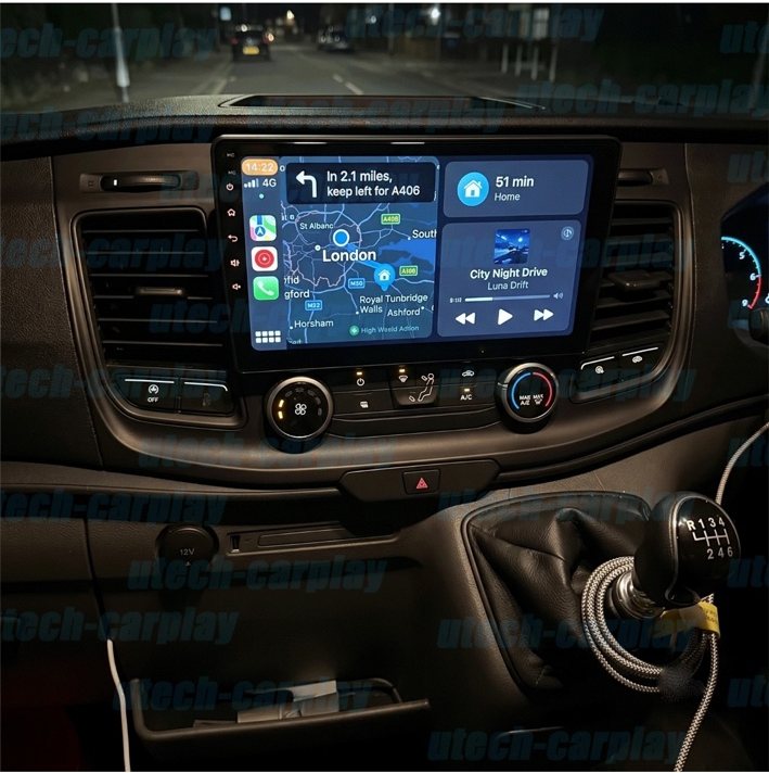 Ford Transit Custom CarPlay screen installed at night