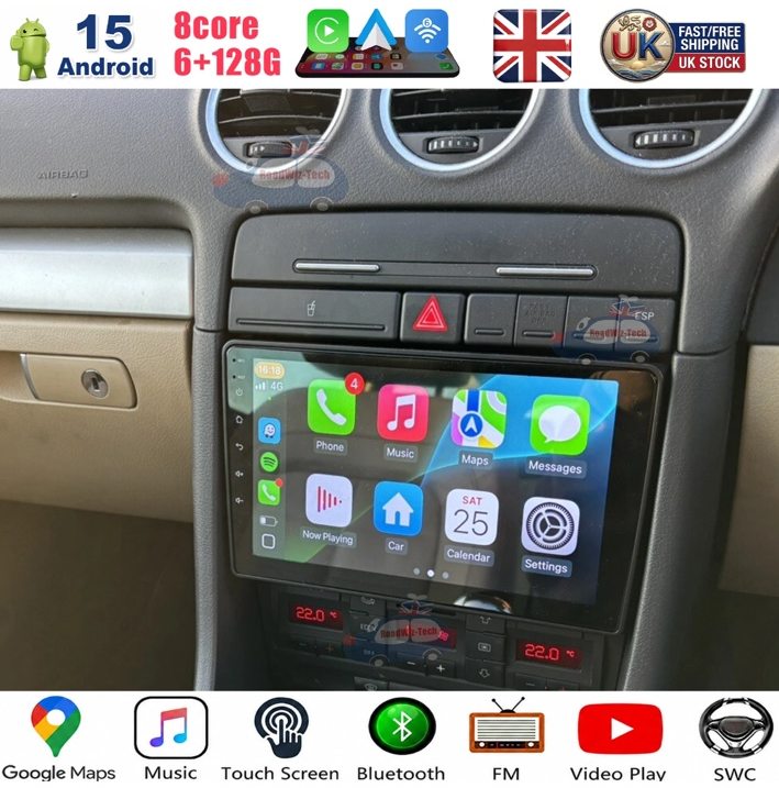 Audi A4 B6 B7 9-inch Android CarPlay screen installed in centre console