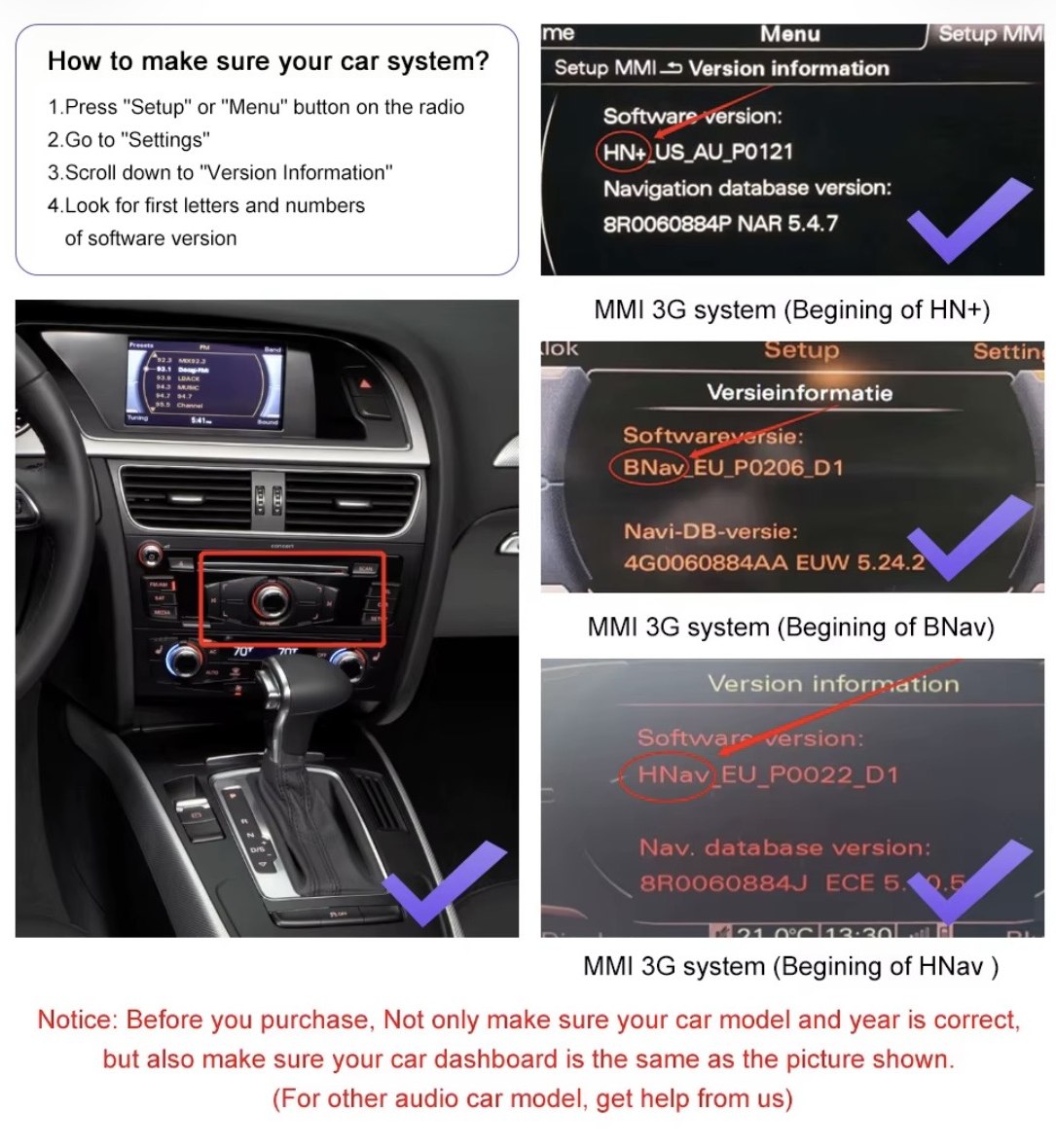 Supplier guide showing how to identify Audi MMI software versions HN+ BNav and HNav