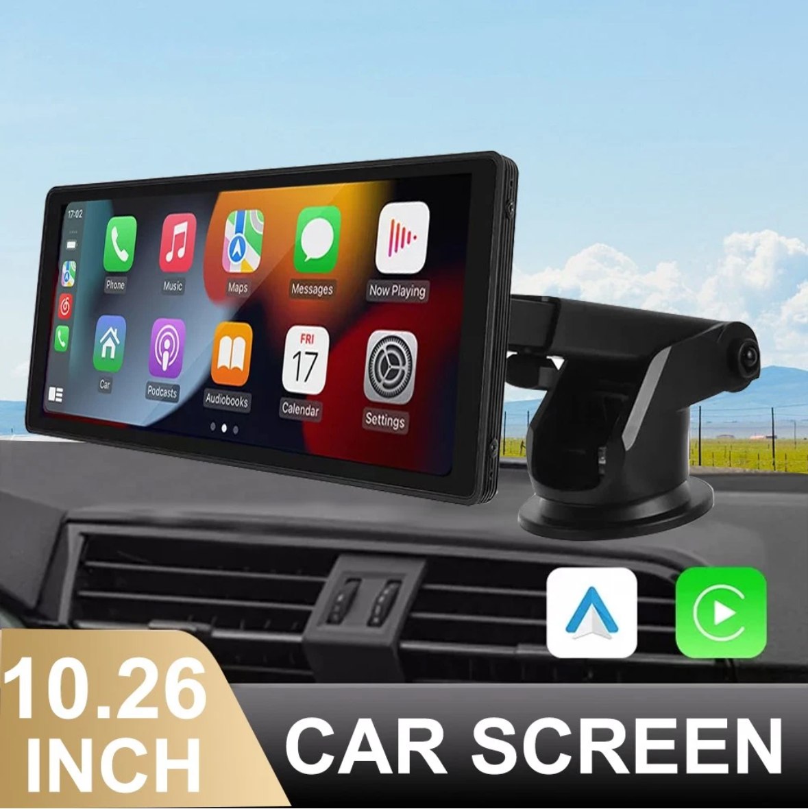 Supplier illustration of a universal 10.26-inch CarPlay screen mounted on a dashboard